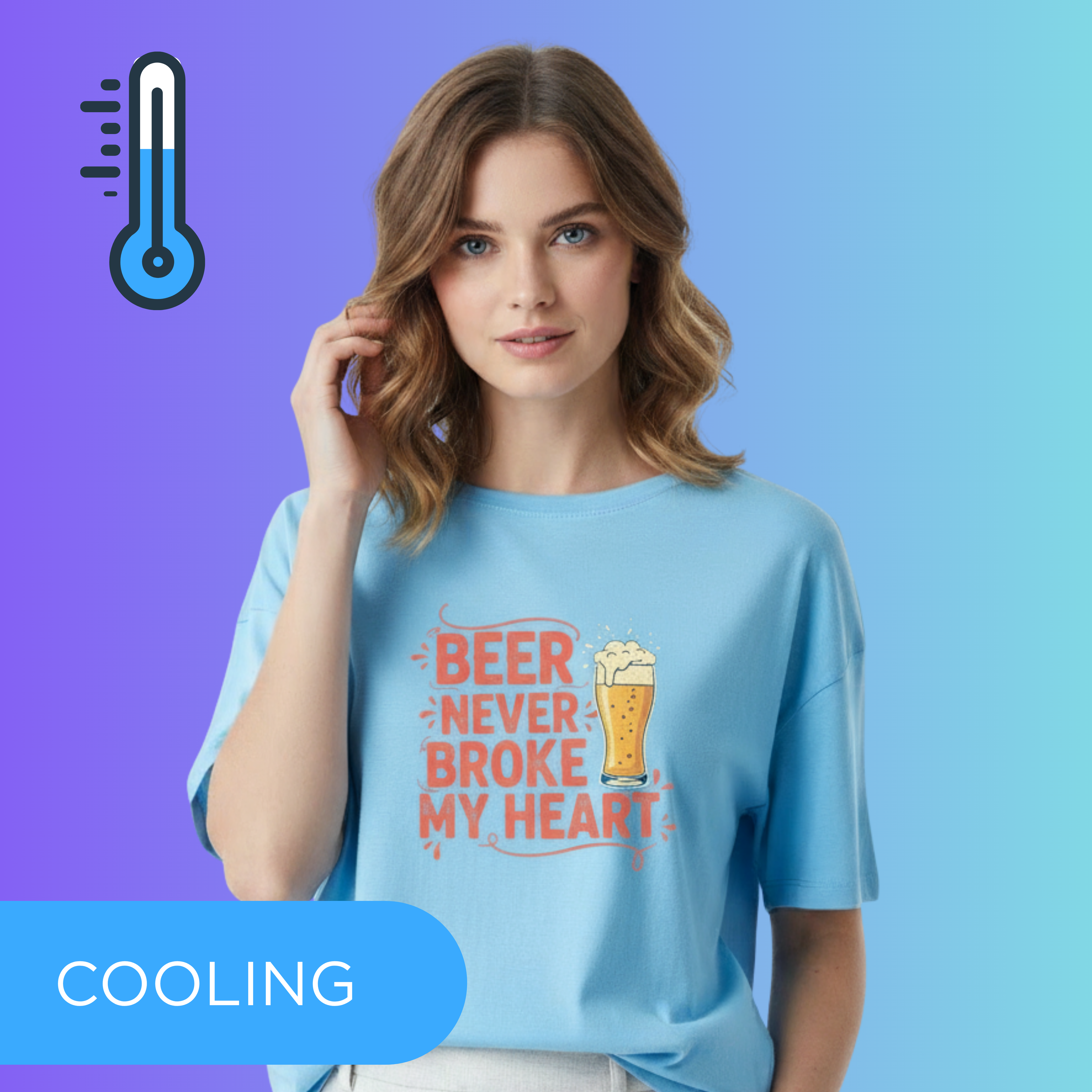 STYLEVIK 'Cooling' Tee Collection, featuring a model in a blue 'Beer Never Broke My Heart' t-shirt.
