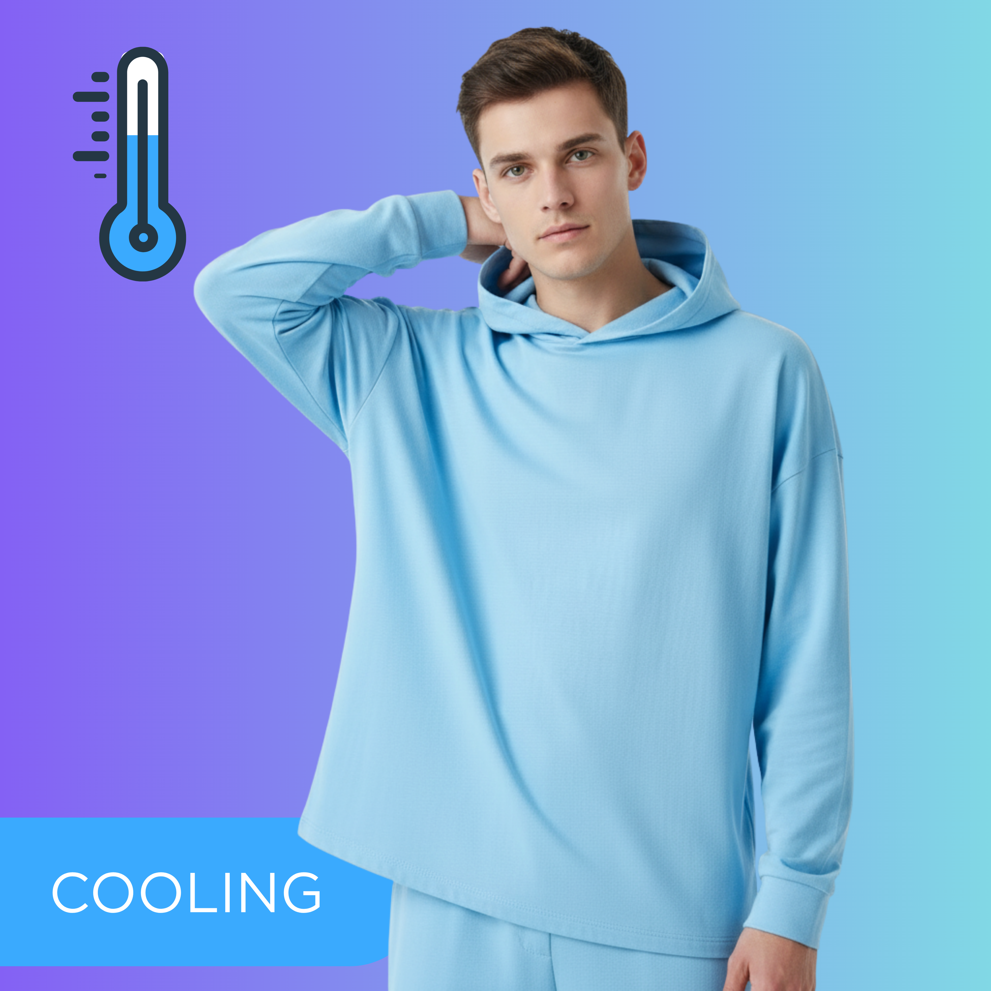 STYLEVIK 'Cooling' Hoodie Collection, featuring a model in a light blue hoodie.