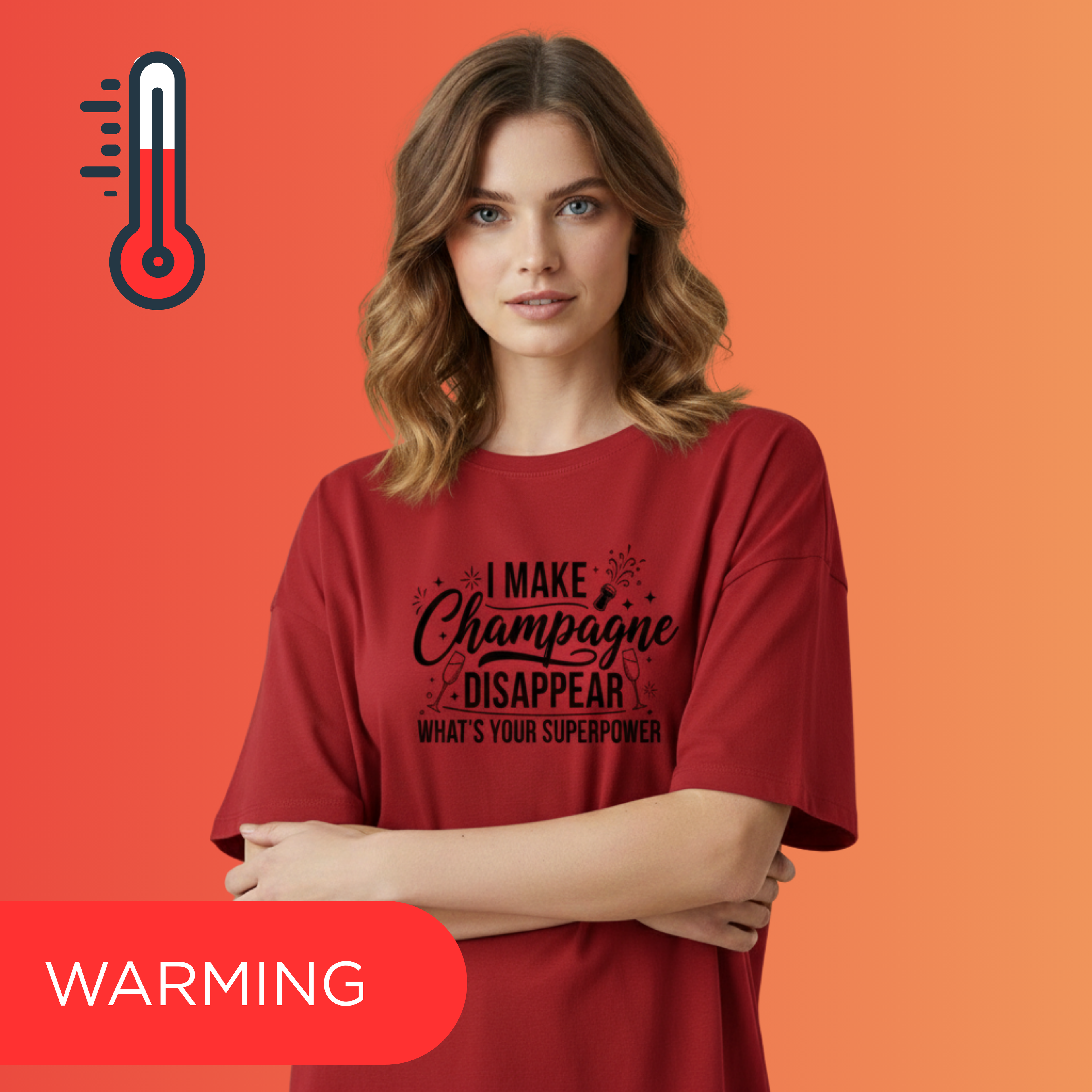 STYLEVIK 'Warming' Tee Collection, featuring a model in a red 'I Make Champagne Disappear' t-shirt.