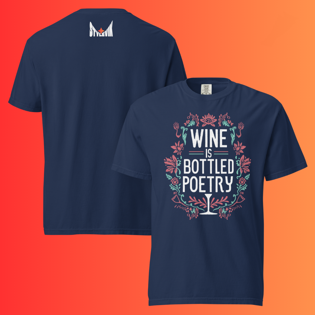 'Wine is Bottled Poetry' T-Shirt | Funny Literary Quote & Floral Warming Tee for Wine Lovers