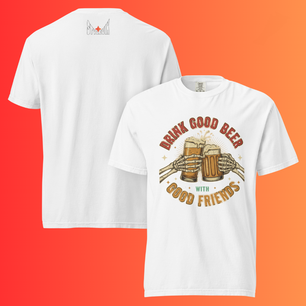 'Drink Good Beer With Good Friends' T-Shirt | Funny Skeleton Halloween & Oktoberfest Warming Tee
