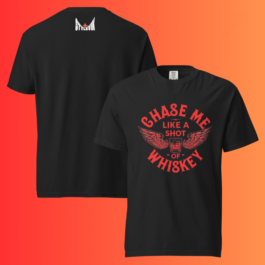 'Chase Me Like a Shot of Whiskey' Funny T-Shirt | Edgy Biker Style Warming Tee for Parties & Bars
