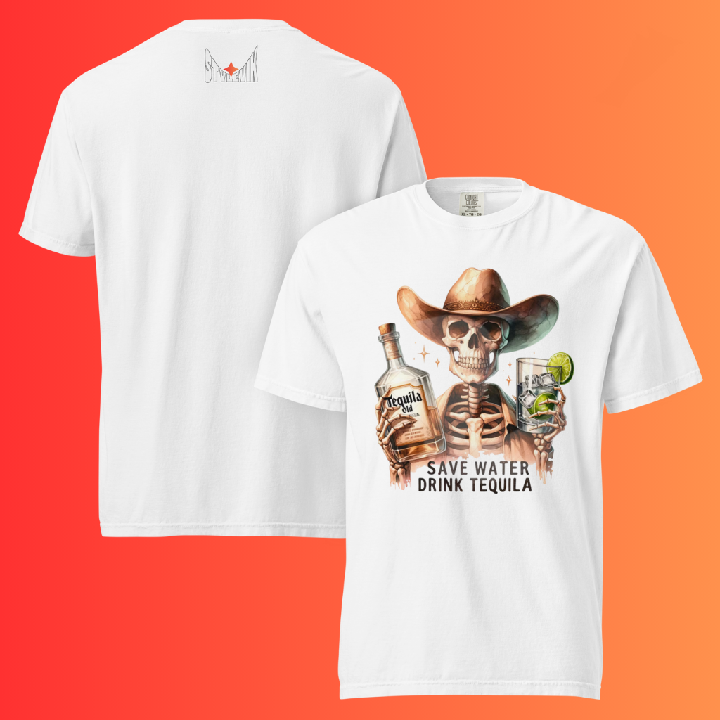 'Save Water Drink Tequila' T-Shirt | Funny Skeleton Cowboy Halloween & Day of The Dead Warming Tee