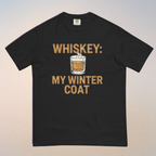Black t-shirt with 'Whiskey: My Winter Coat' text and graphic on a gradient background