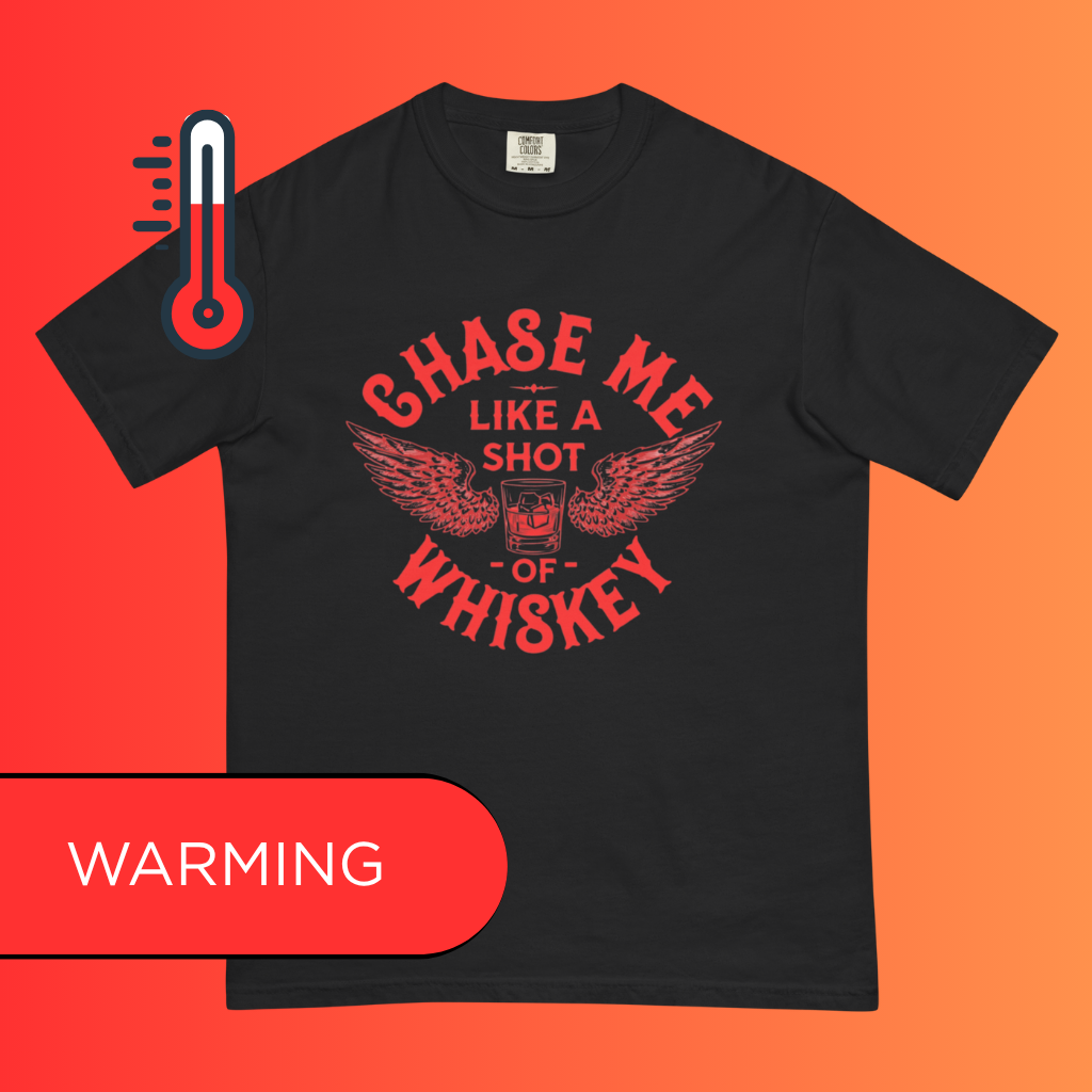 'Chase Me Like a Shot of Whiskey' Funny T-Shirt | Edgy Biker Style Warming Tee for Parties & Bars