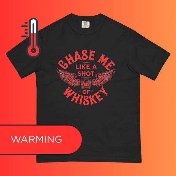 'Chase Me Like a Shot of Whiskey' Funny T-Shirt | Edgy Biker Style Warming Tee for Parties & Bars