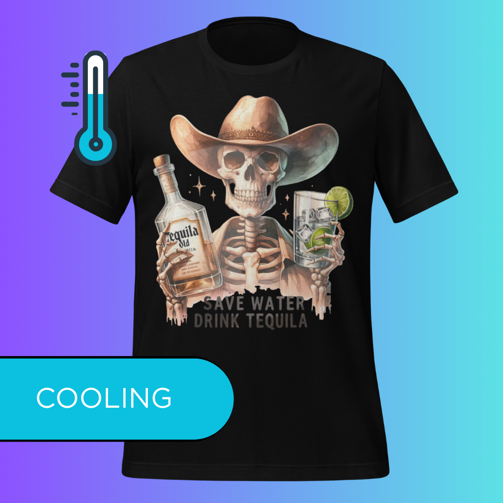 'Save Water Drink Tequila' T-Shirt | Funny Skeleton Cowboy Halloween & Day of The Dead Cooling Tee