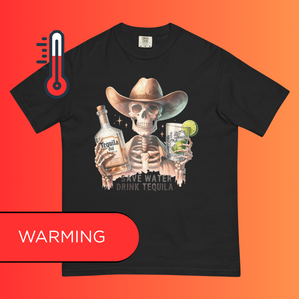 'Save Water Drink Tequila' T-Shirt | Funny Skeleton Cowboy Halloween & Day of The Dead Warming Tee