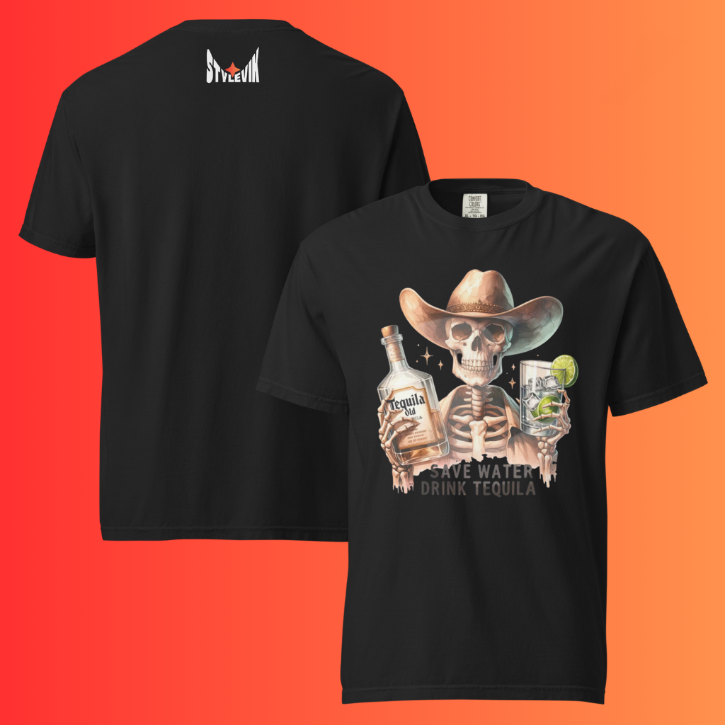 'Save Water Drink Tequila' T-Shirt | Funny Skeleton Cowboy Halloween & Day of The Dead Warming Tee
