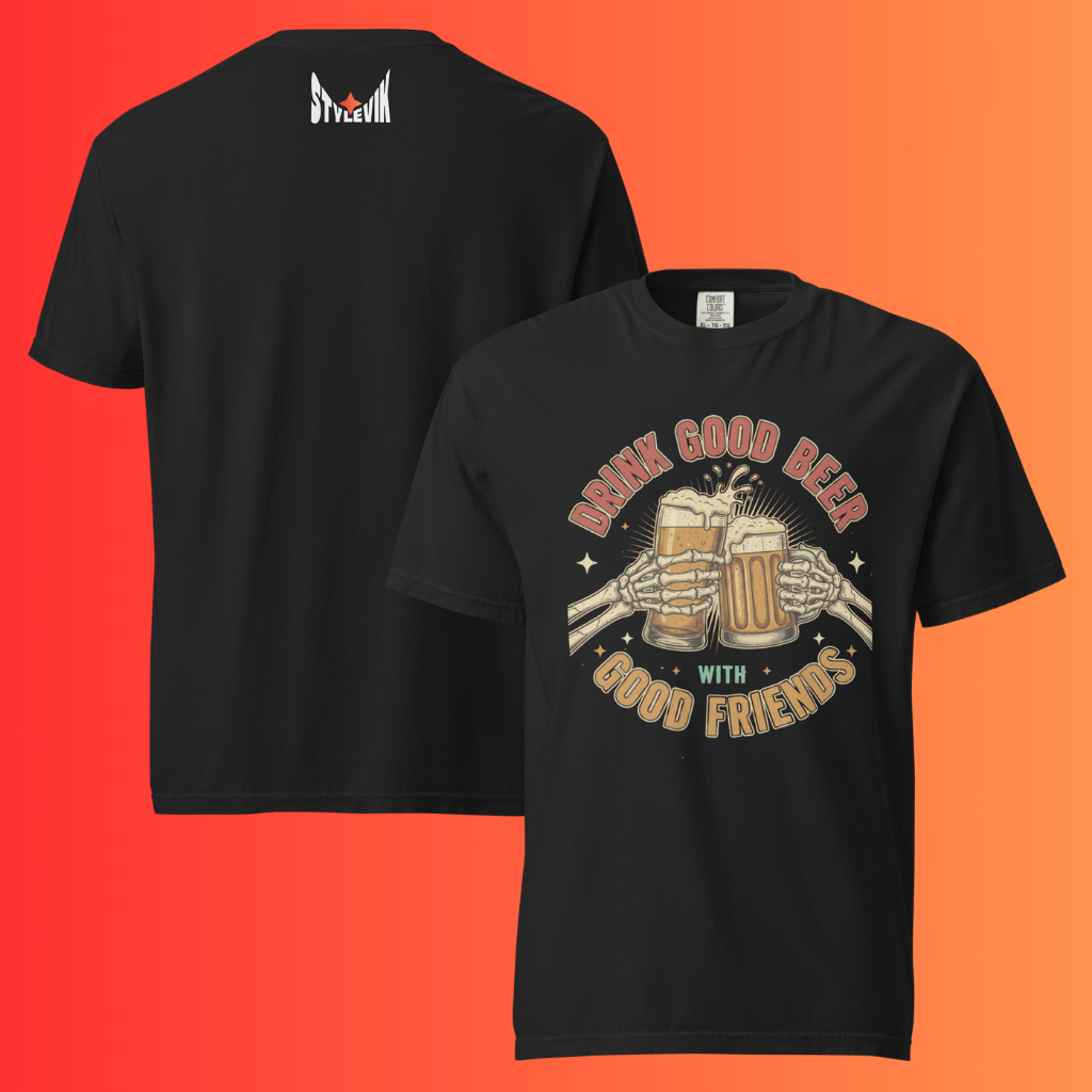 'Drink Good Beer With Good Friends' T-Shirt | Funny Skeleton Halloween & Oktoberfest Warming Tee