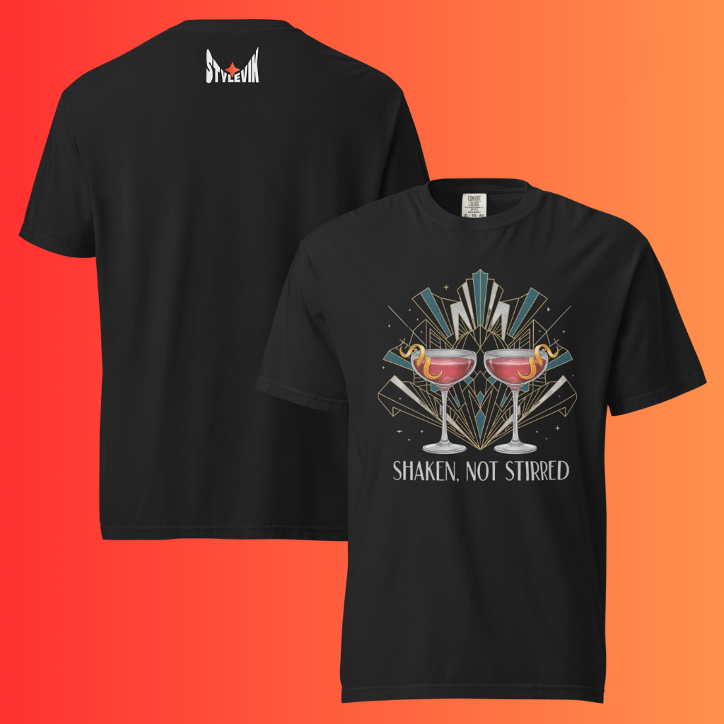 'Shaken Not Stirred' T-Shirt | Funny James Bond Inspired Art Deco Warming Tee for Cocktail Lovers