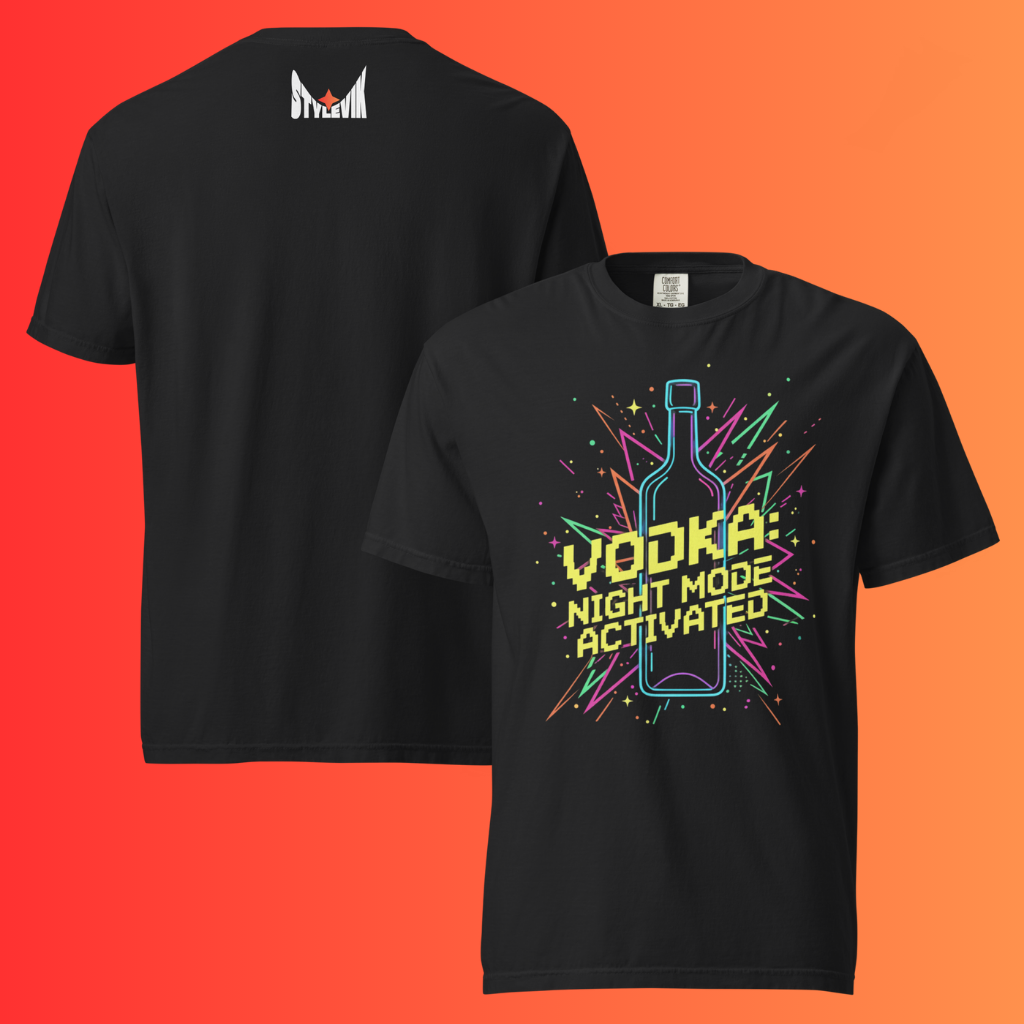 'Vodka Night Mode Activated' T-Shirt | Funny 80s Retro Gaming Warming Tee for Parties & Raves