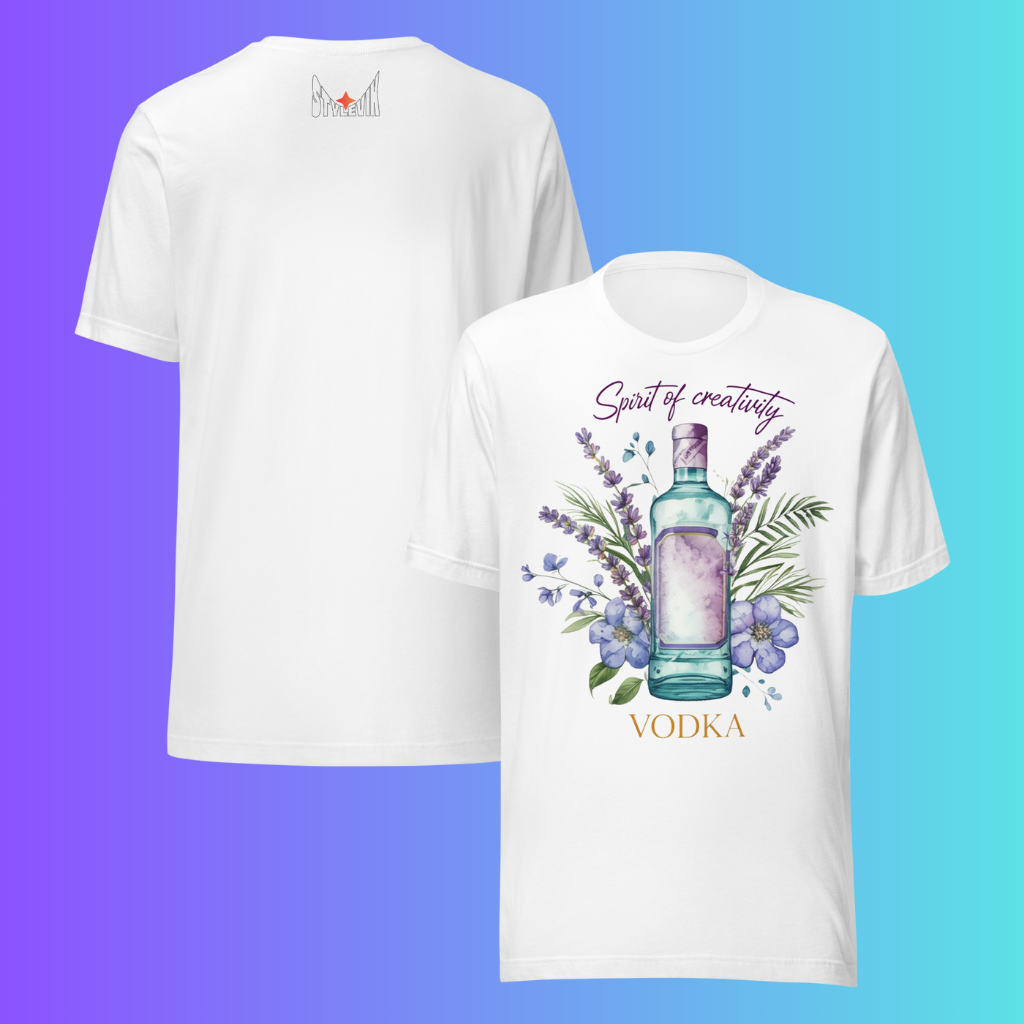 'Spirit of Creativity' Vodka T-Shirt | Artistic Botanical Cooling Tee for Cocktail Lovers & Artists
