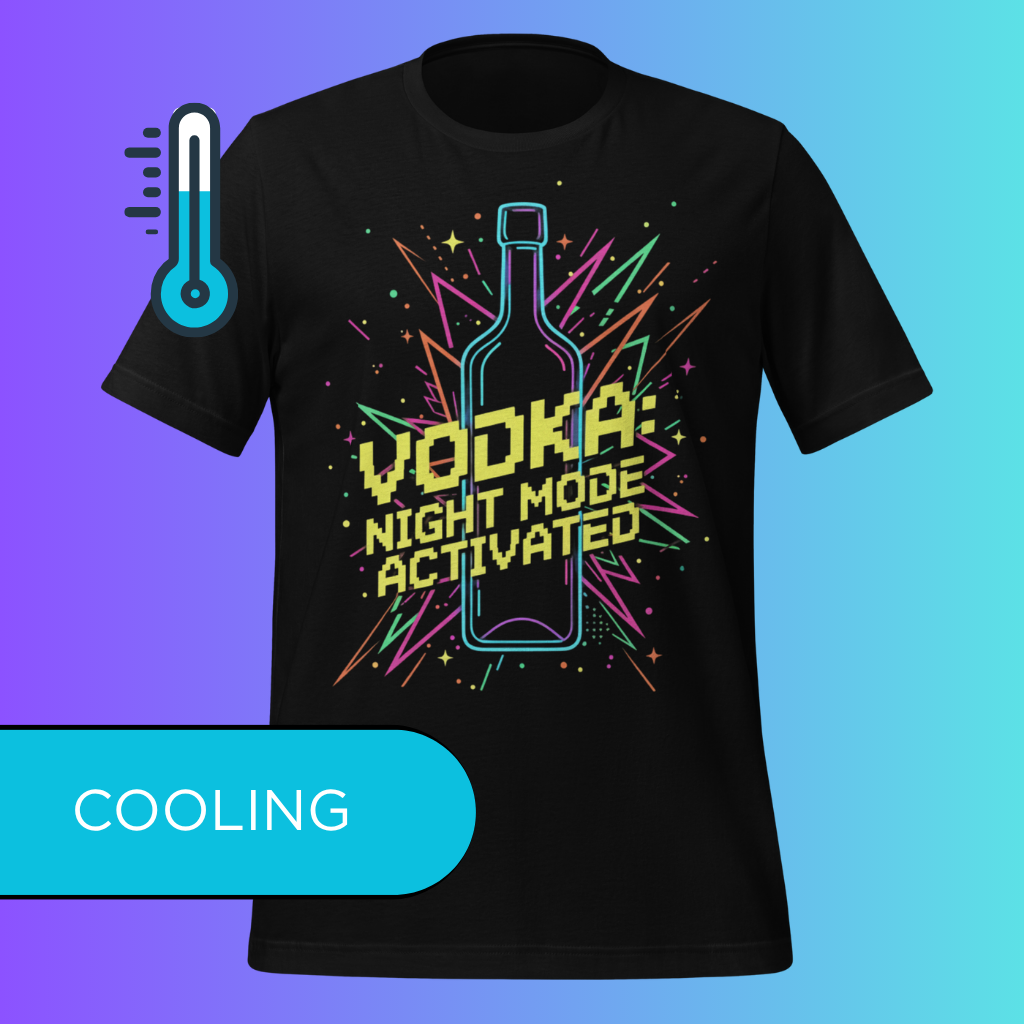 'Vodka Night Mode Activated' T-Shirt | Funny 80s Retro Gaming Cooling Tee for Parties & Raves