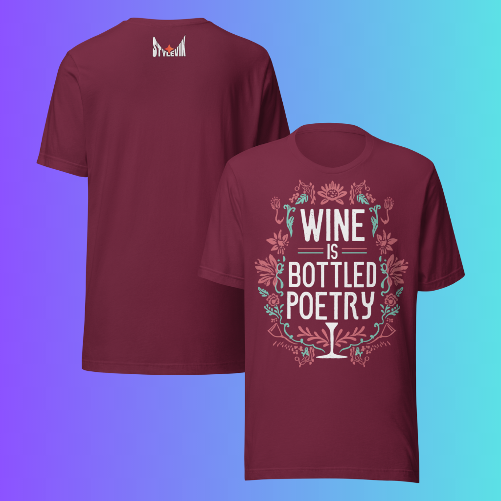 'Wine is Bottled Poetry' T-Shirt | Funny Literary Quote & Floral Cooling Tee for Wine Lovers