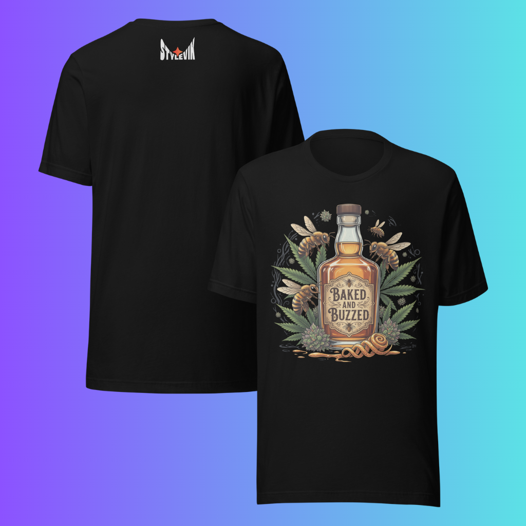 'Baked and Buzzed' T-Shirt | Funny 420 Cannabis & Honey Whiskey Cooling Tee