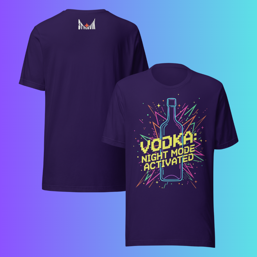 'Vodka Night Mode Activated' T-Shirt | Funny 80s Retro Gaming Cooling Tee for Parties & Raves