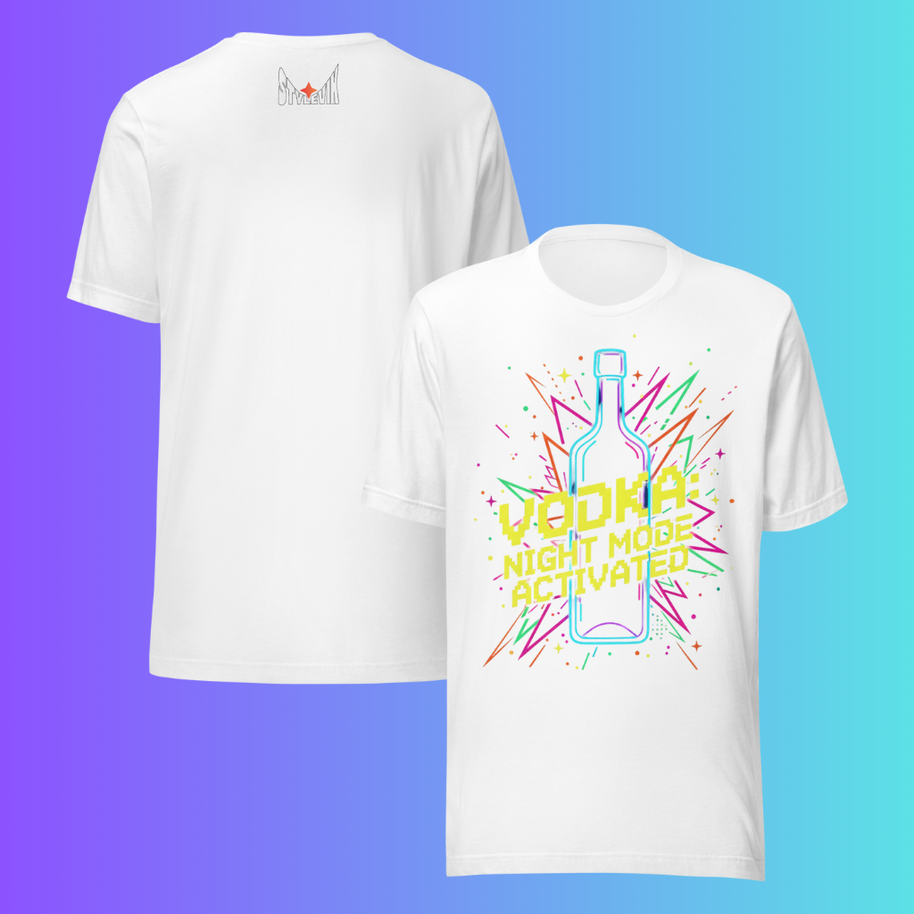 'Vodka Night Mode Activated' T-Shirt | Funny 80s Retro Gaming Cooling Tee for Parties & Raves