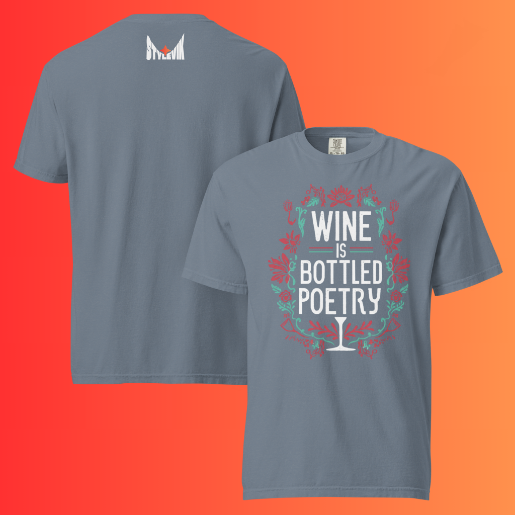 'Wine is Bottled Poetry' T-Shirt | Funny Literary Quote & Floral Warming Tee for Wine Lovers