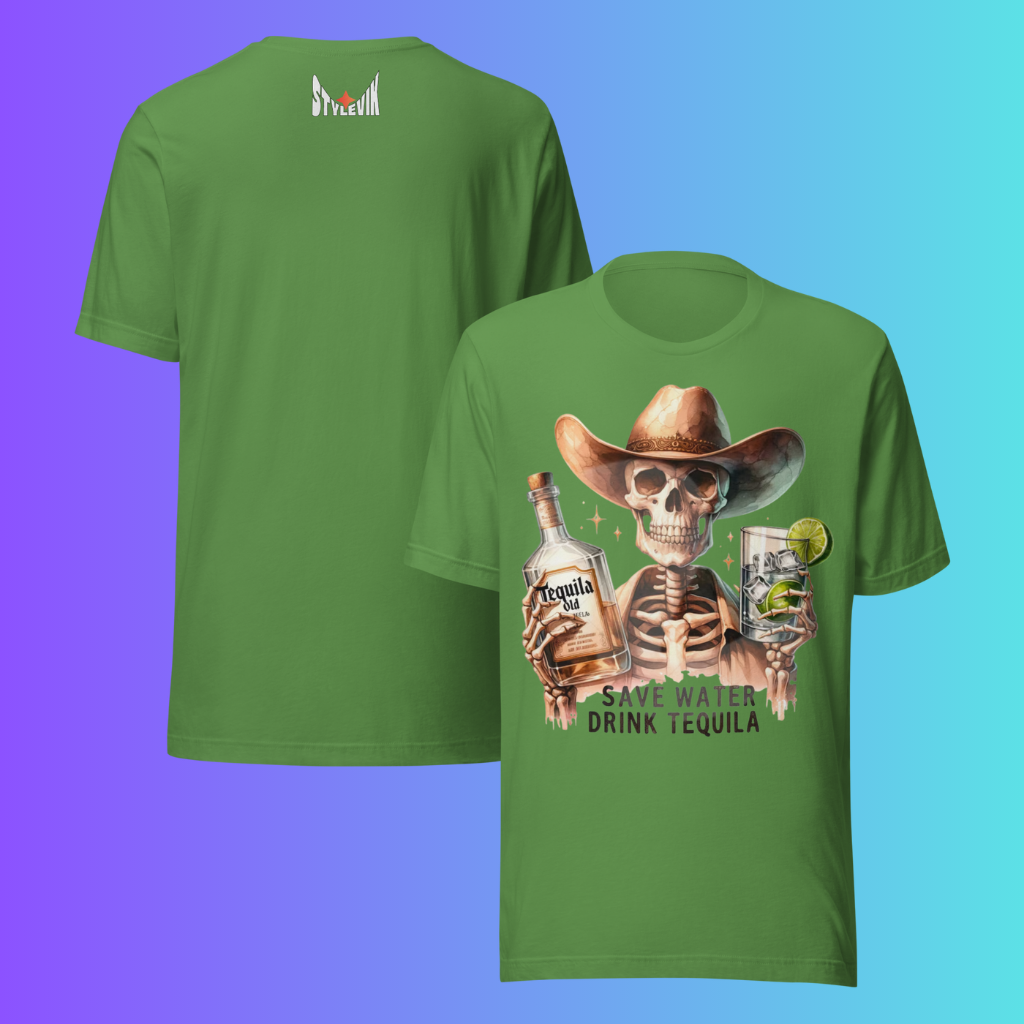 'Save Water Drink Tequila' T-Shirt | Funny Skeleton Cowboy Halloween & Day of The Dead Cooling Tee