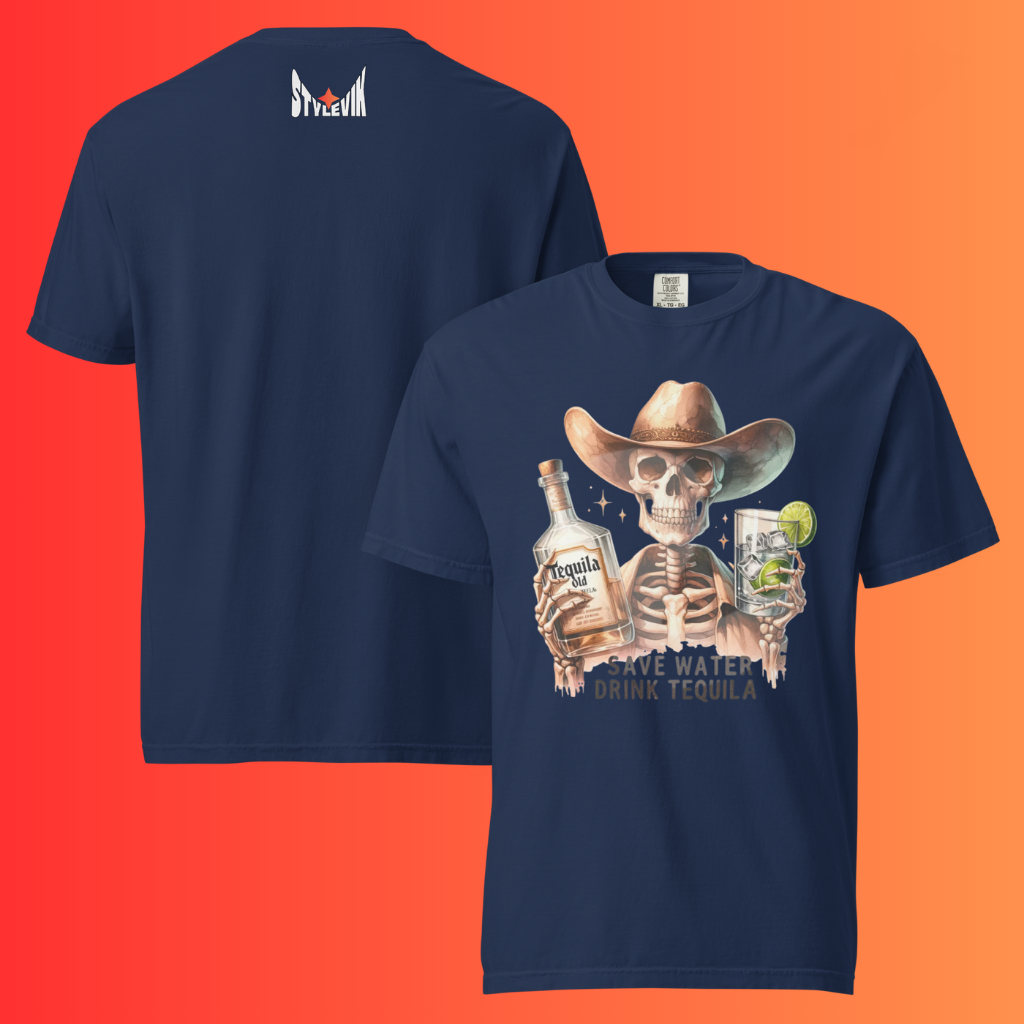 'Save Water Drink Tequila' T-Shirt | Funny Skeleton Cowboy Halloween & Day of The Dead Warming Tee