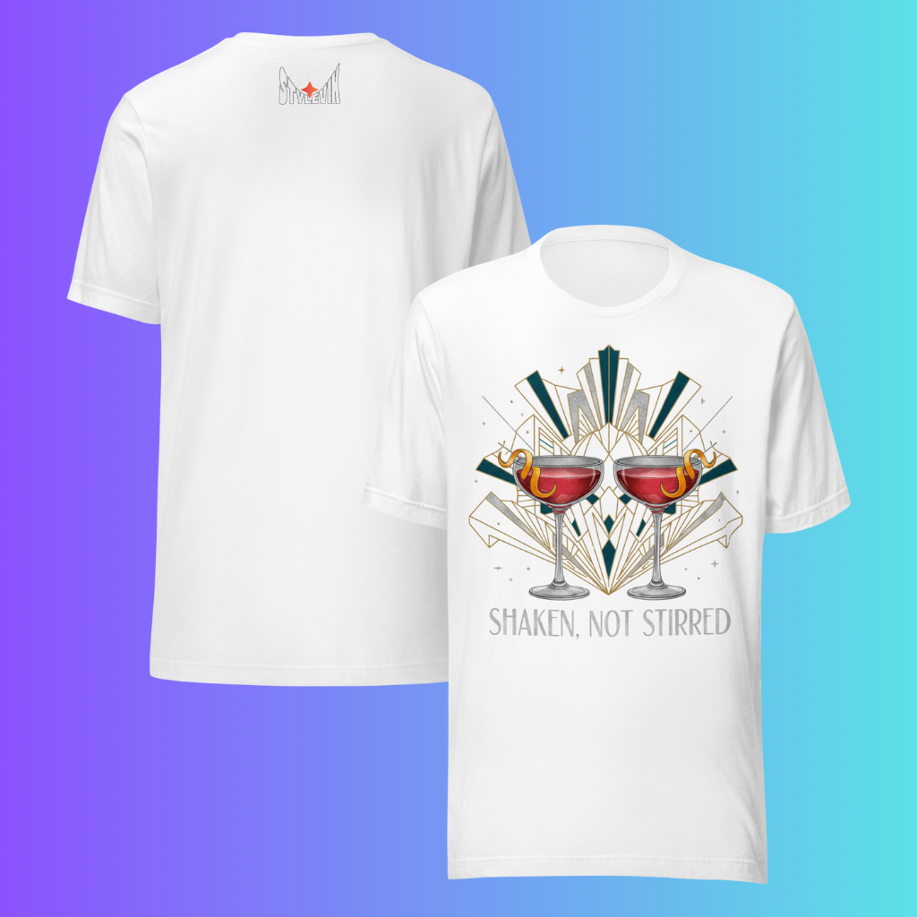 'Shaken Not Stirred' T-Shirt | Funny James Bond Inspired Art Deco Cooling Tee for Cocktail Lovers