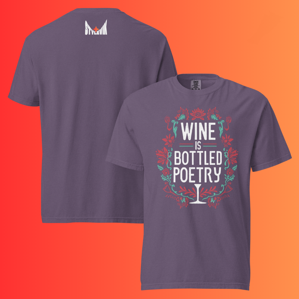 'Wine is Bottled Poetry' T-Shirt | Funny Literary Quote & Floral Warming Tee for Wine Lovers