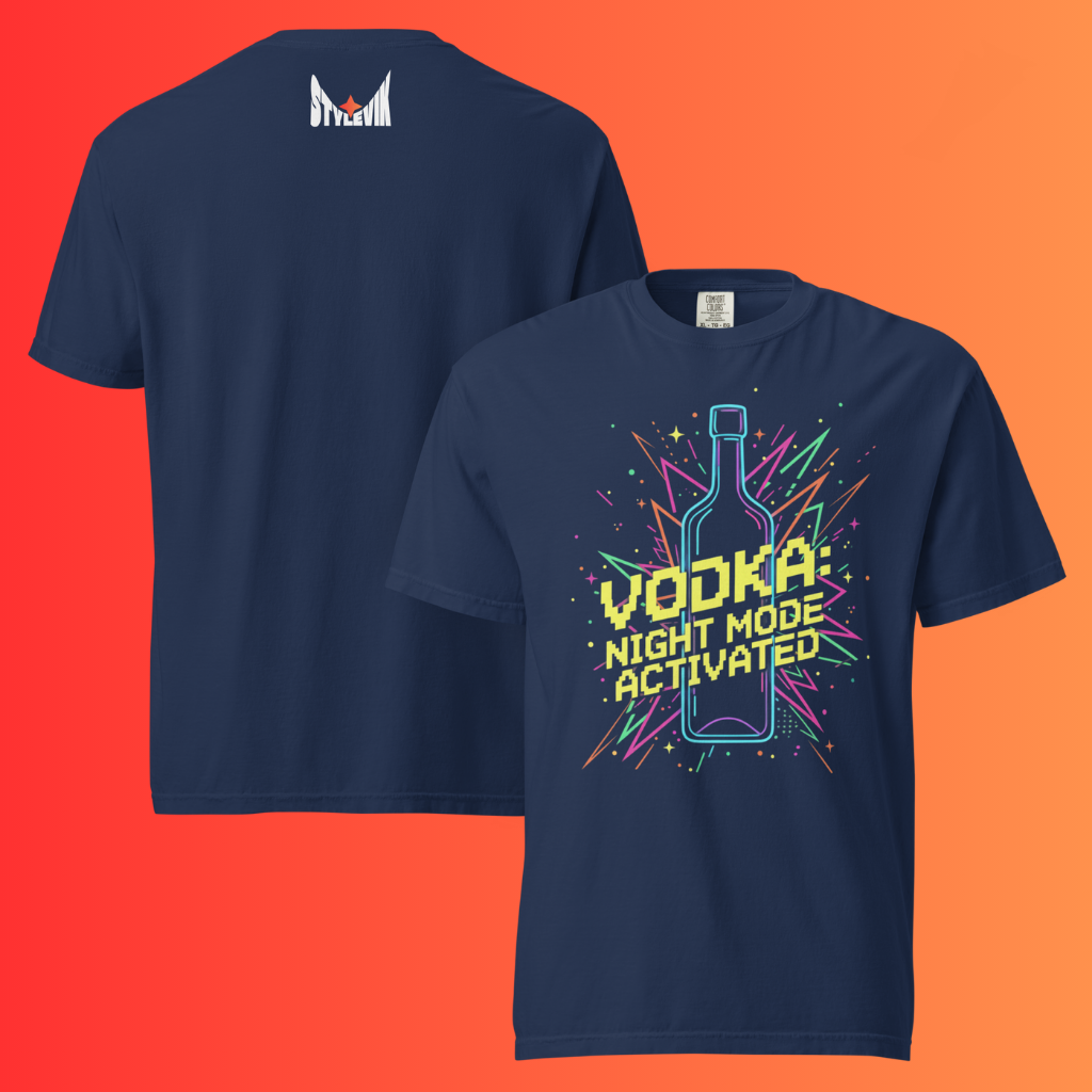 'Vodka Night Mode Activated' T-Shirt | Funny 80s Retro Gaming Warming Tee for Parties & Raves