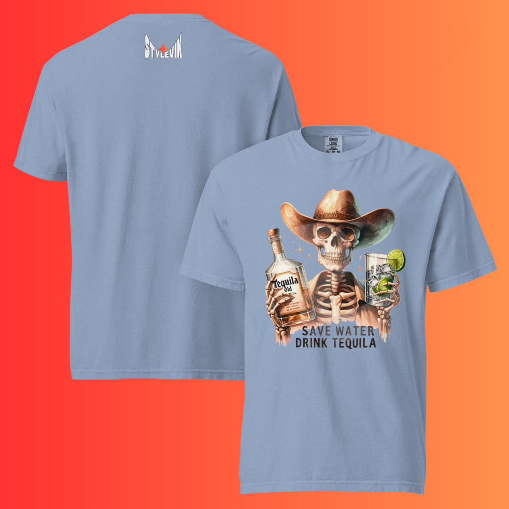 'Save Water Drink Tequila' T-Shirt | Funny Skeleton Cowboy Halloween & Day of The Dead Warming Tee