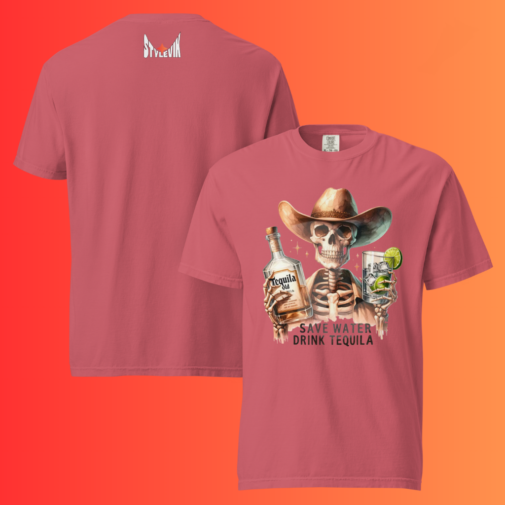'Save Water Drink Tequila' T-Shirt | Funny Skeleton Cowboy Halloween & Day of The Dead Warming Tee