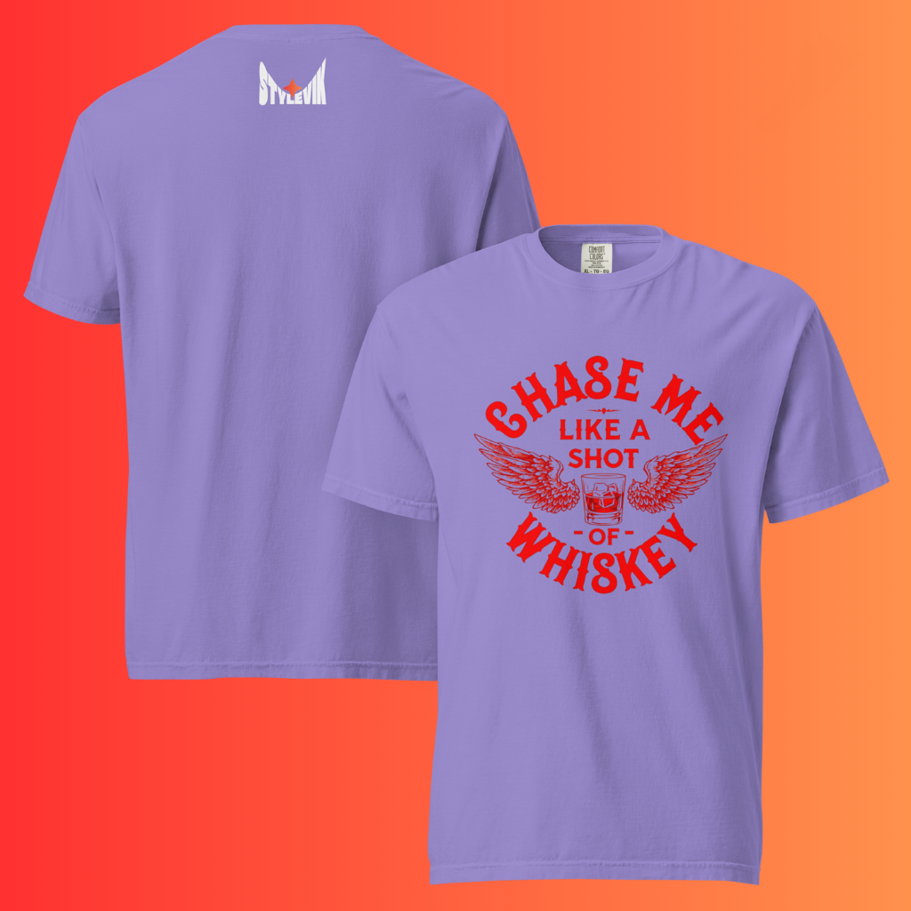 'Chase Me Like a Shot of Whiskey' Funny T-Shirt | Edgy Biker Style Warming Tee for Parties & Bars