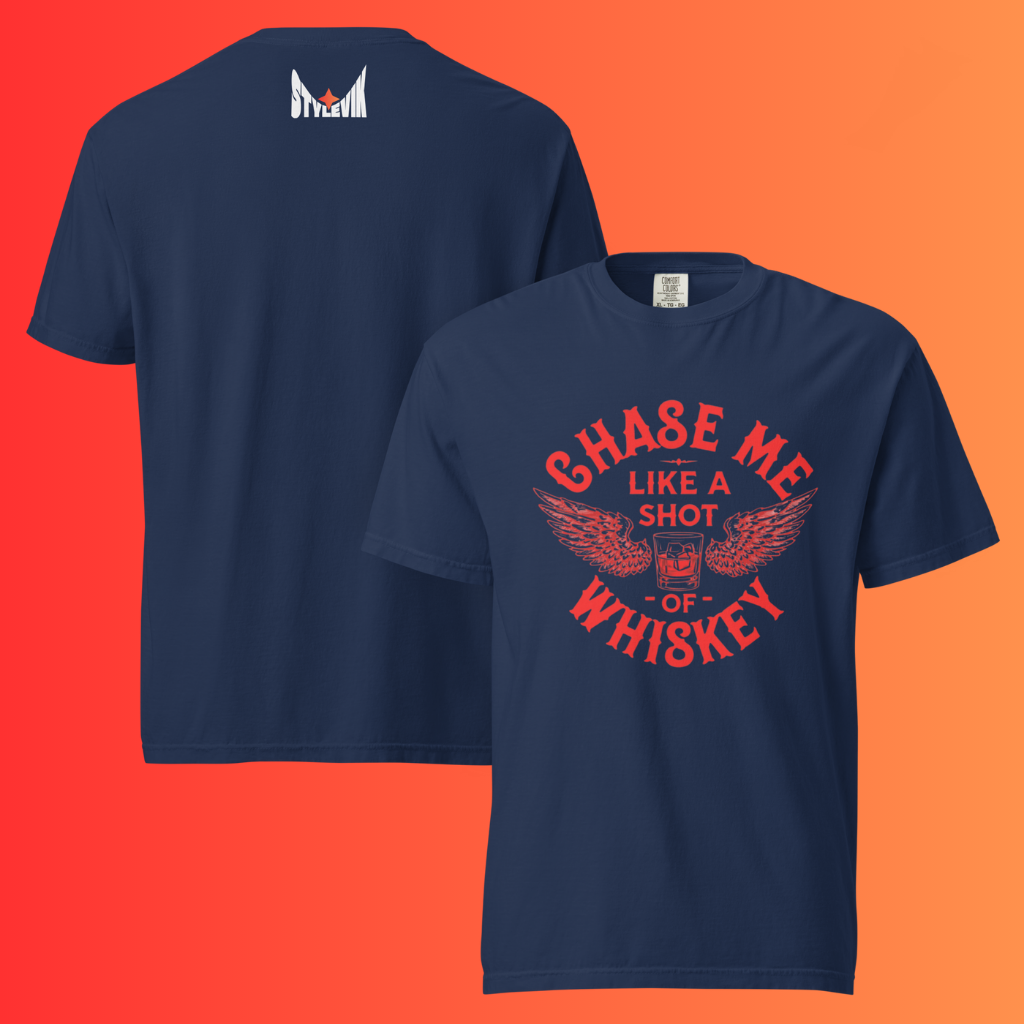 'Chase Me Like a Shot of Whiskey' Funny T-Shirt | Edgy Biker Style Warming Tee for Parties & Bars