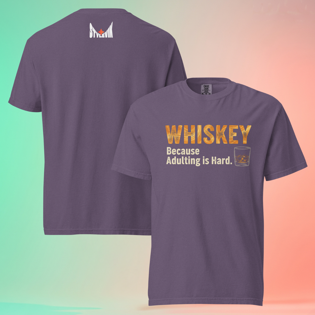 Funny Whiskey T-Shirt 'Because Adulting is Hard' Warming Tee | Sarcastic Unisex Gift for Adults