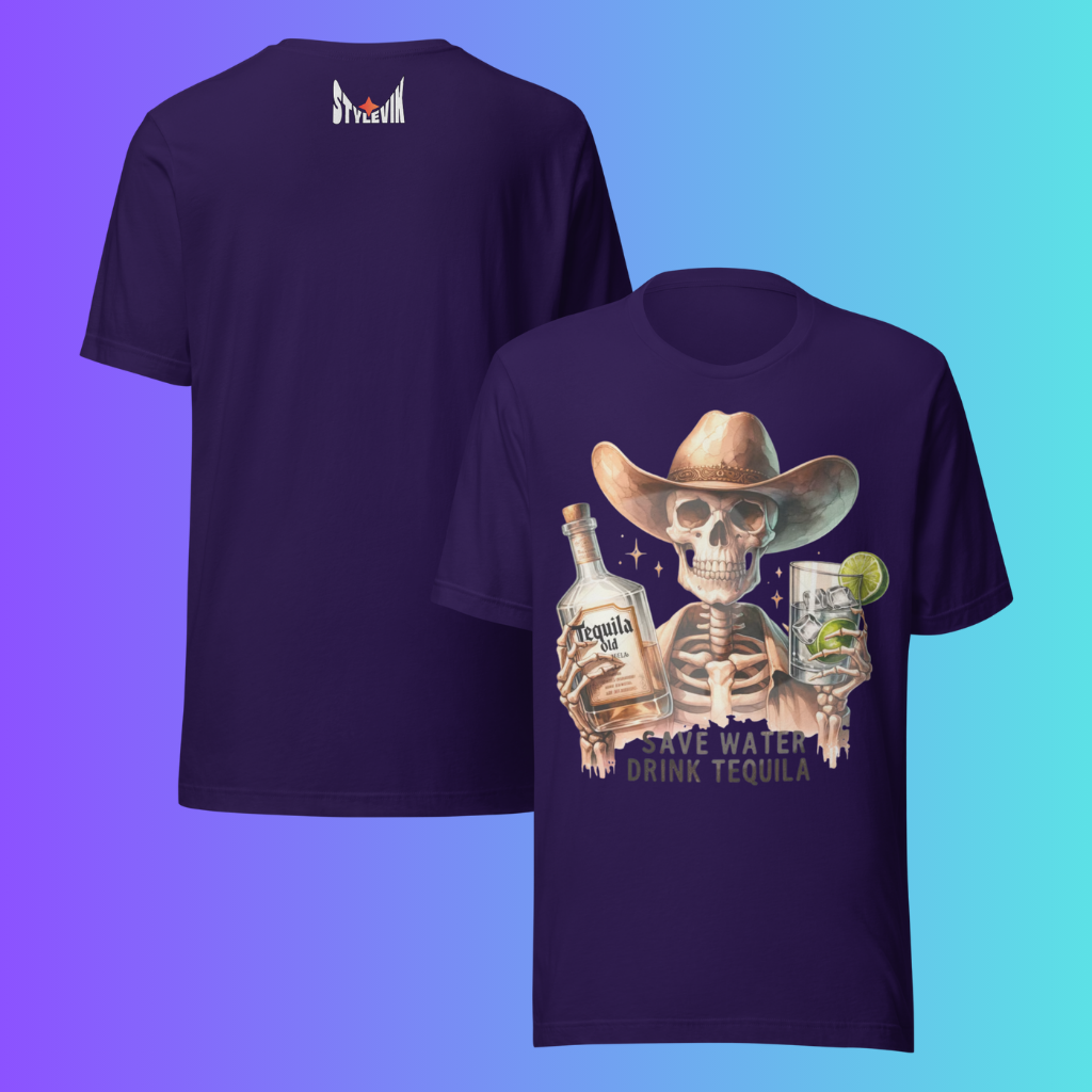 'Save Water Drink Tequila' T-Shirt | Funny Skeleton Cowboy Halloween & Day of The Dead Cooling Tee