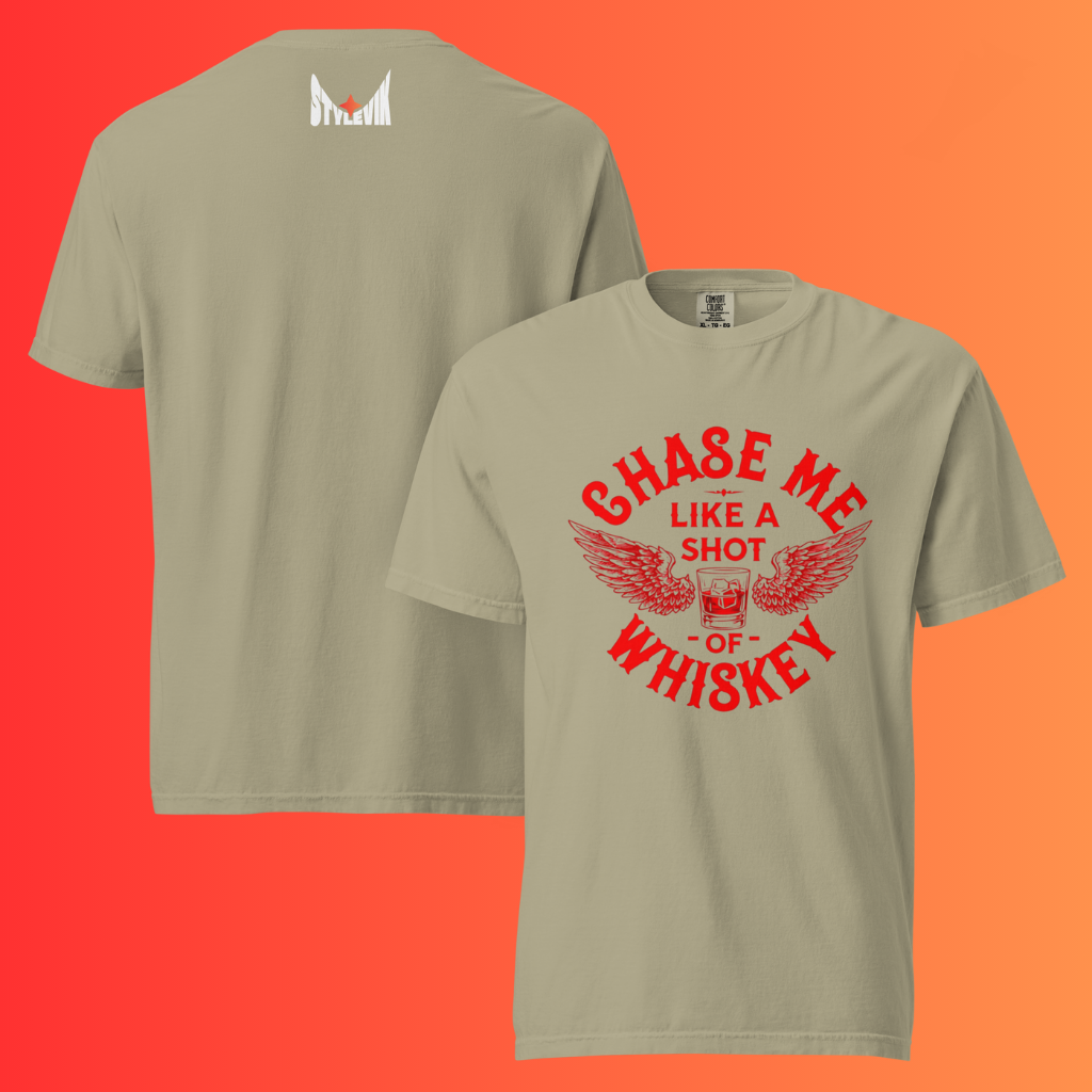 'Chase Me Like a Shot of Whiskey' Funny T-Shirt | Edgy Biker Style Warming Tee for Parties & Bars
