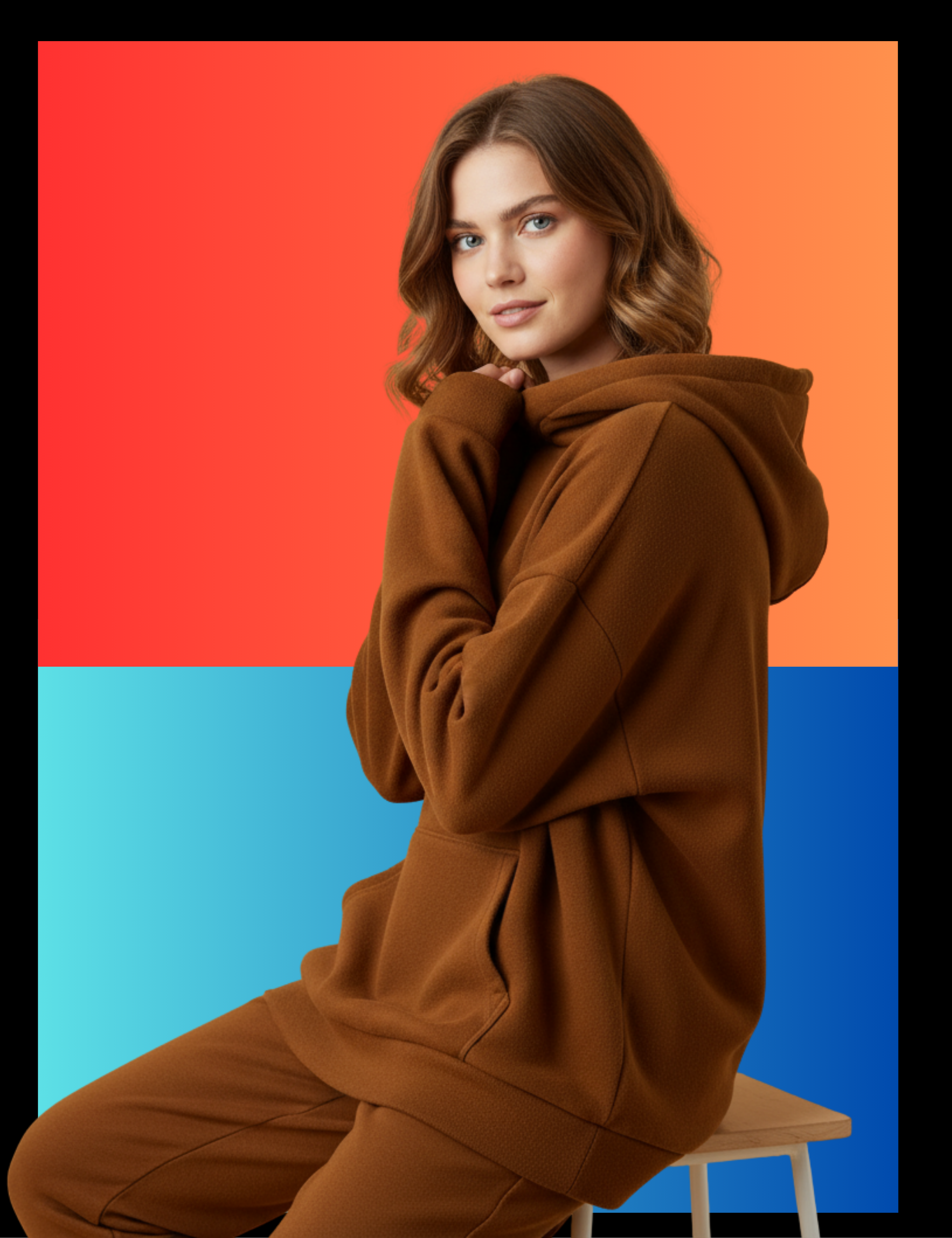 STYLEVIK 'A World Of Comfort' banner showing a model in a brown hoodie, with a red and blue background representing the 'Warming' and 'Cooling' apparel collections.
