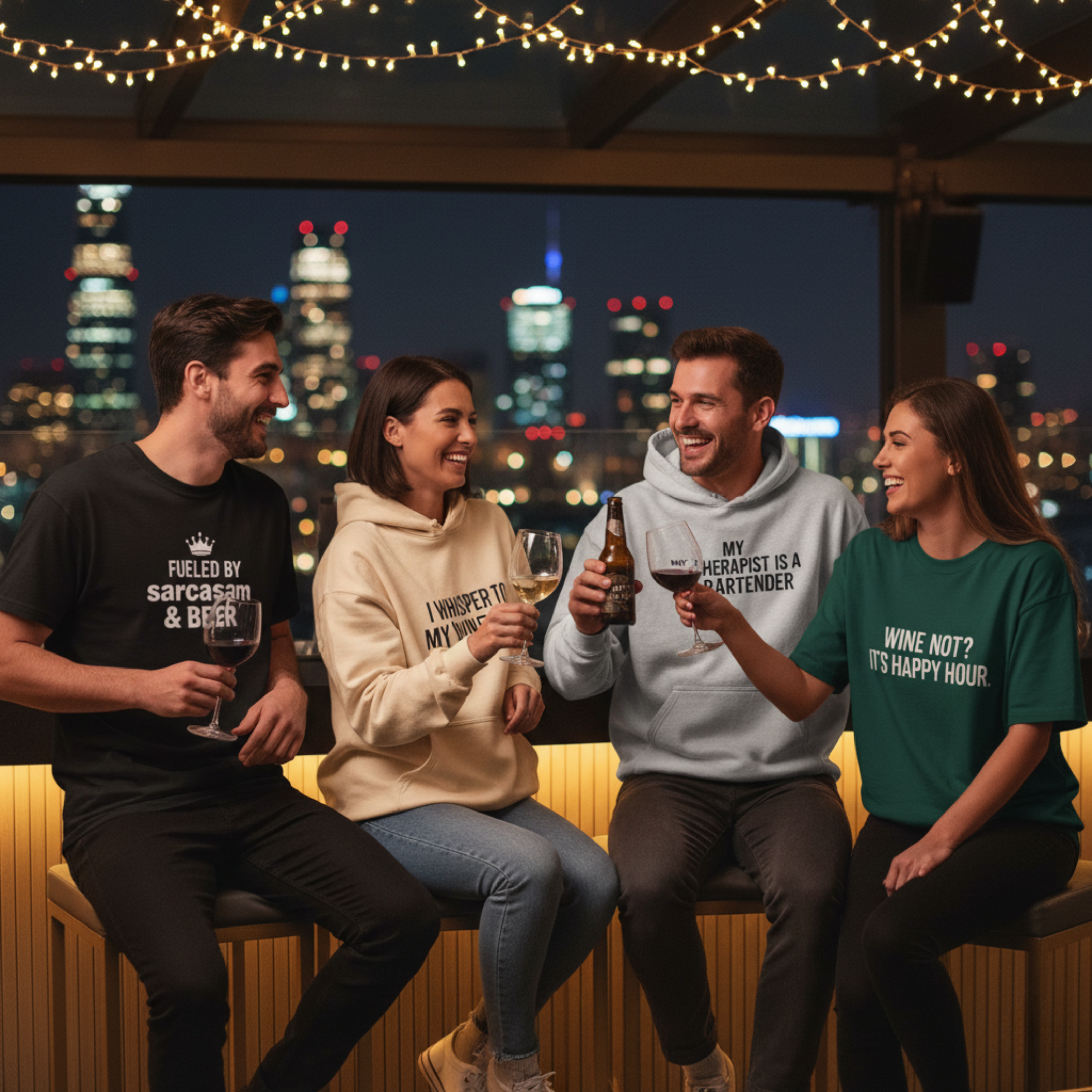 STYLEVIK homepage banner showing happy friends in drink-themed apparel, illustrating the brand's 'Clothing That Pairs With Your Glass' concept.