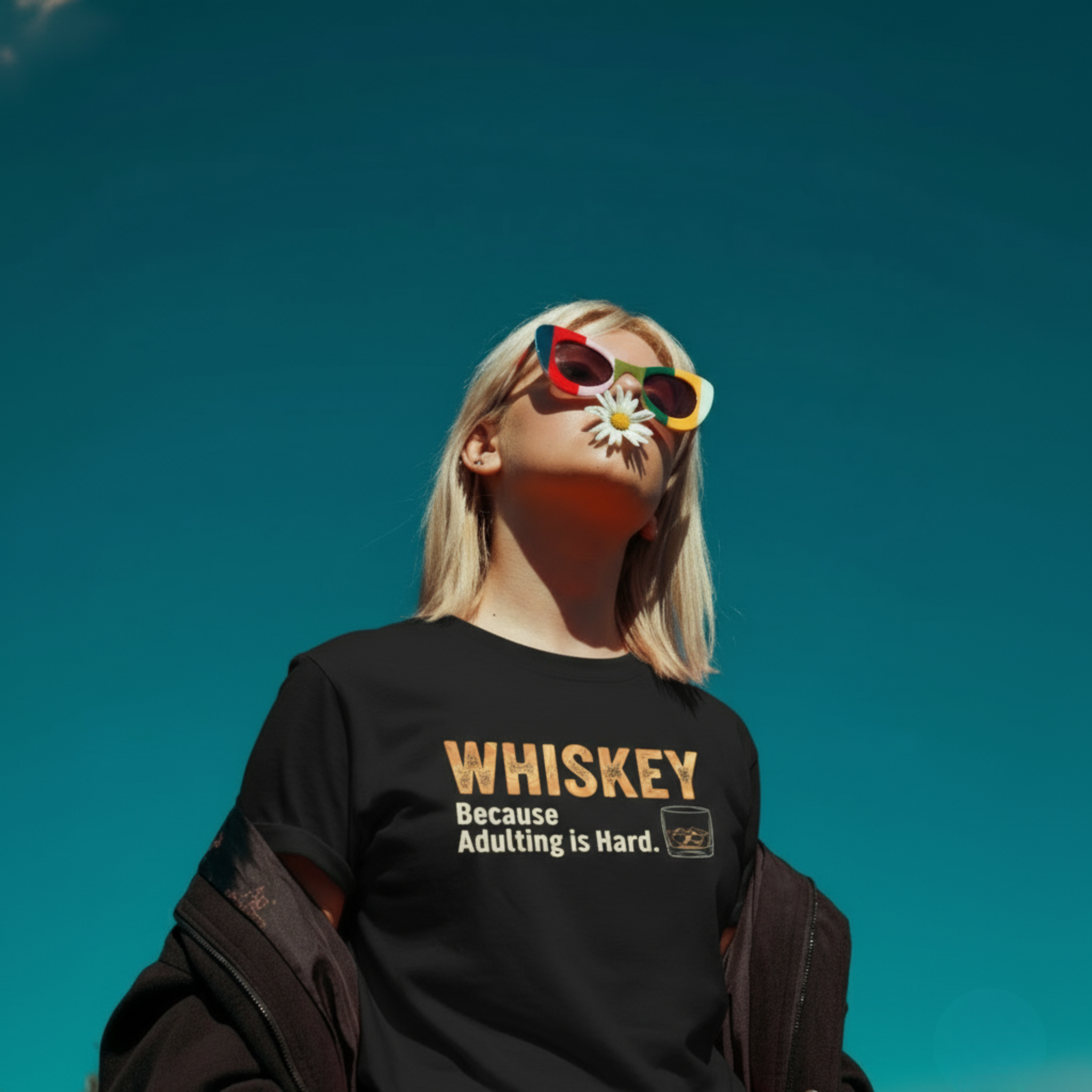 Person wearing a black sweatshirt with 'WHISKEY Because Adulting is Hard' text against a blue sky.